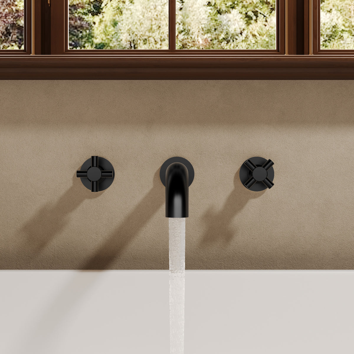 Wall-Mounted Long-Spout Roman Bathtub Faucet with Dual Handles