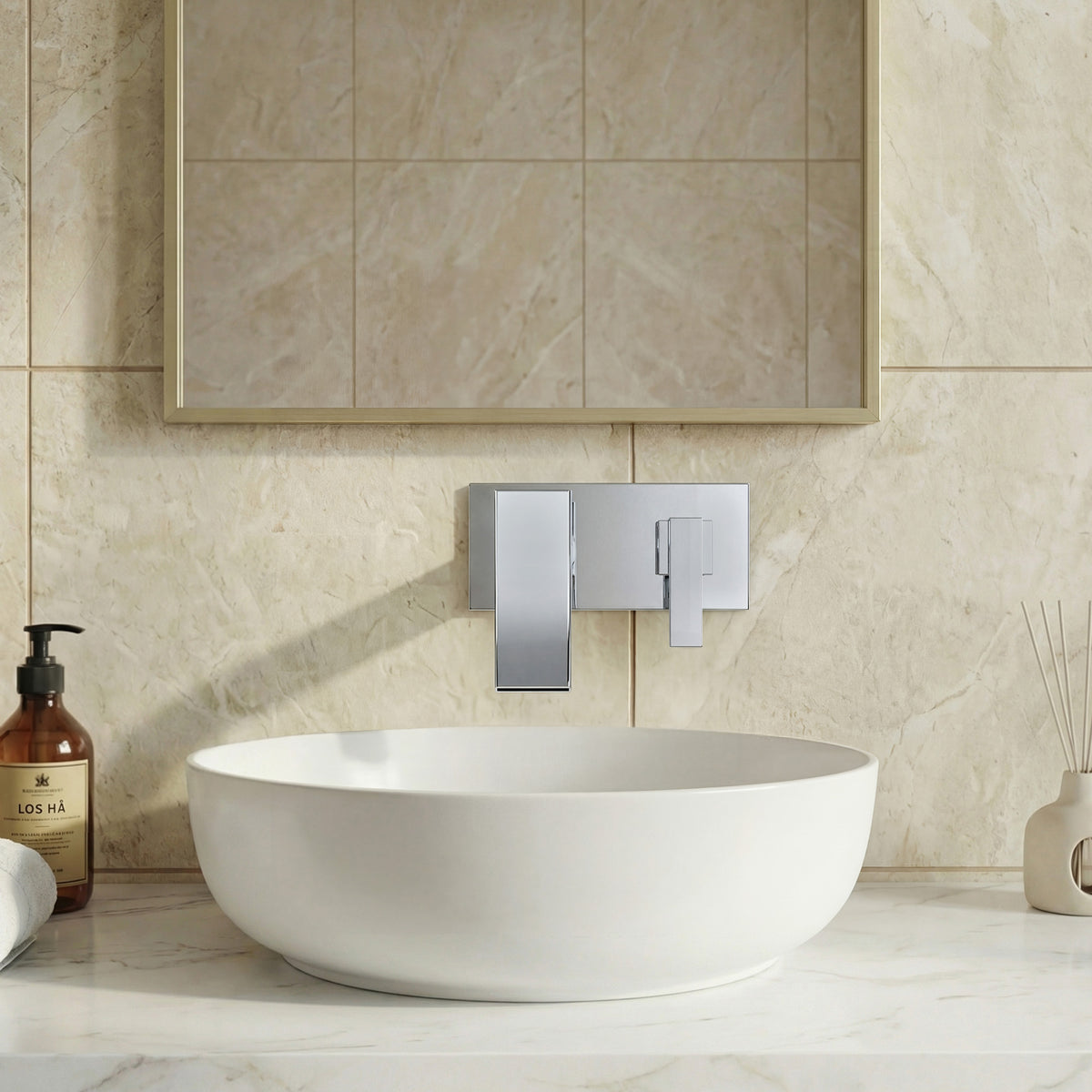 Single-Handle Wall-Mount Bathroom Sink Faucet With Waterfall Spout And Pop-Up Drain
