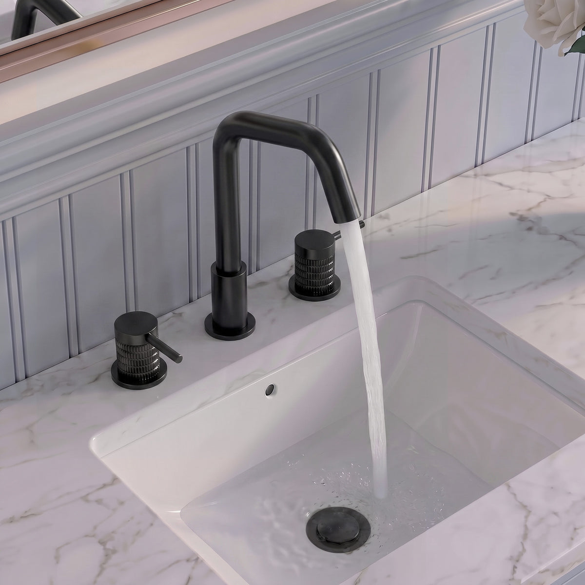 Three-Hole Widespread Bathroom Sink Faucet with 360-Degree Swivel Spout