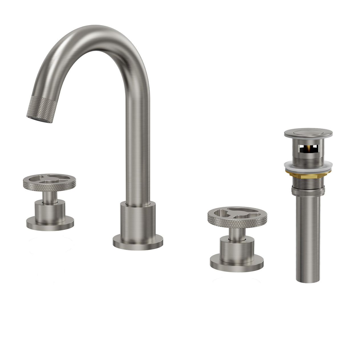 Three-Hole Widespread Bathroom Sink Faucet with Knurled Handles and Swivel Spout