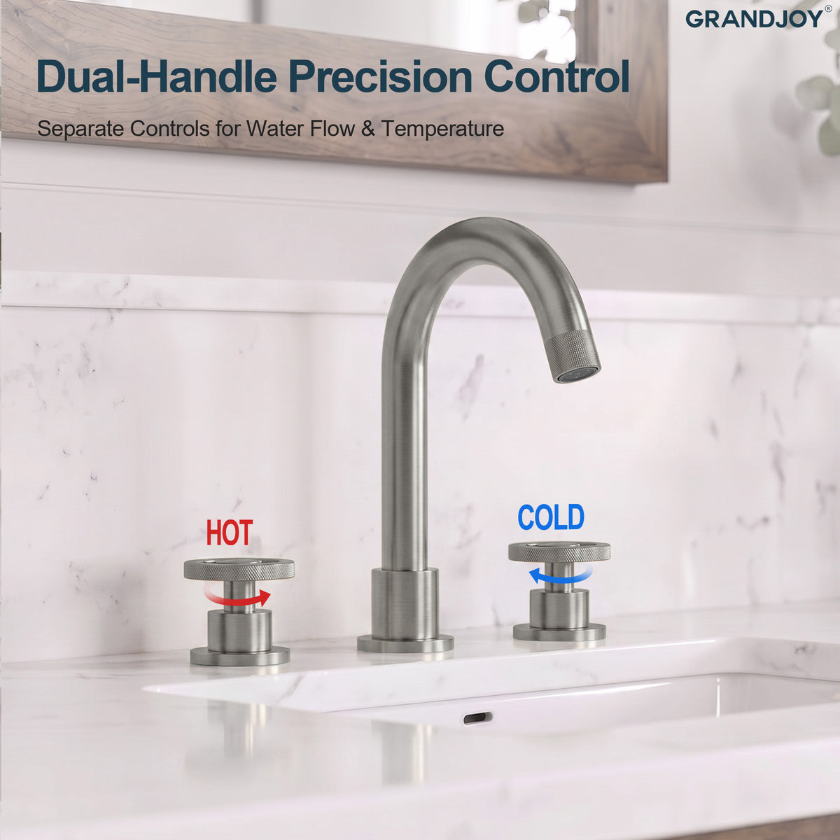Three-Hole Widespread Bathroom Sink Faucet with Knurled Handles and Swivel Spout