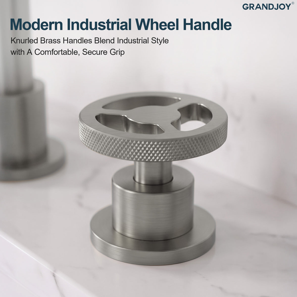 Three-Hole Widespread Bathroom Sink Faucet with Knurled Handles and Swivel Spout