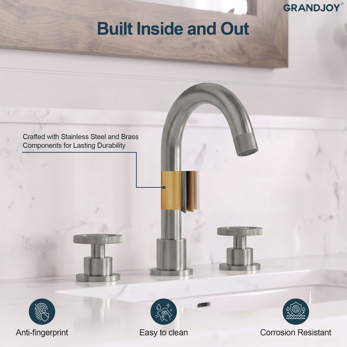 Three-Hole Widespread Bathroom Sink Faucet with Knurled Handles and Swivel Spout