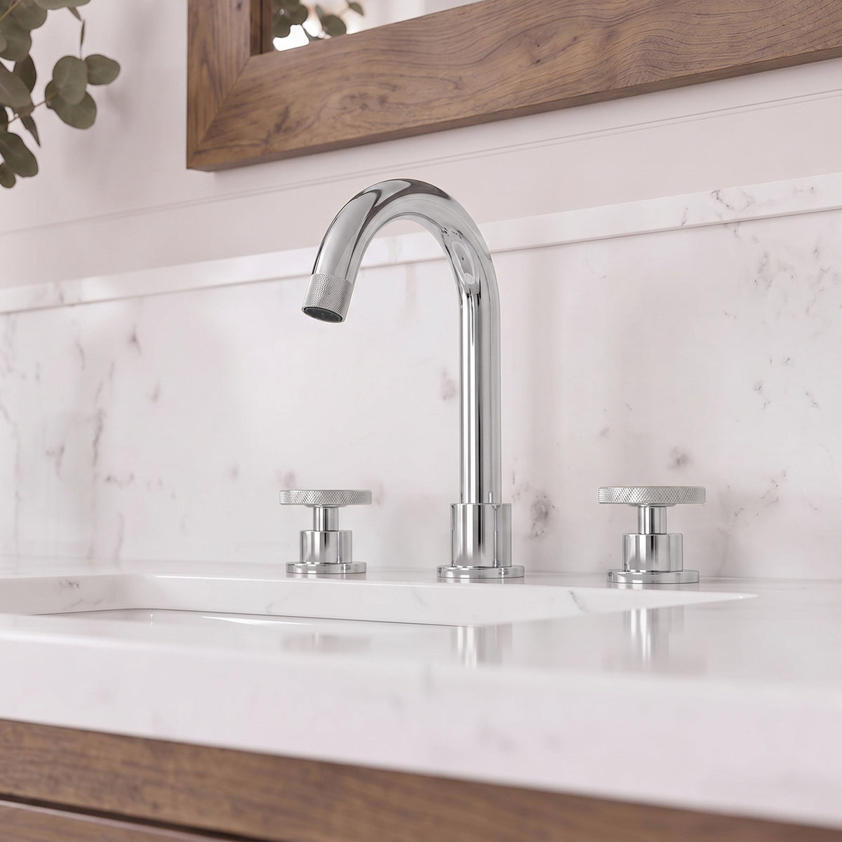 Three-Hole Widespread Bathroom Sink Faucet with Knurled Handles and Swivel Spout