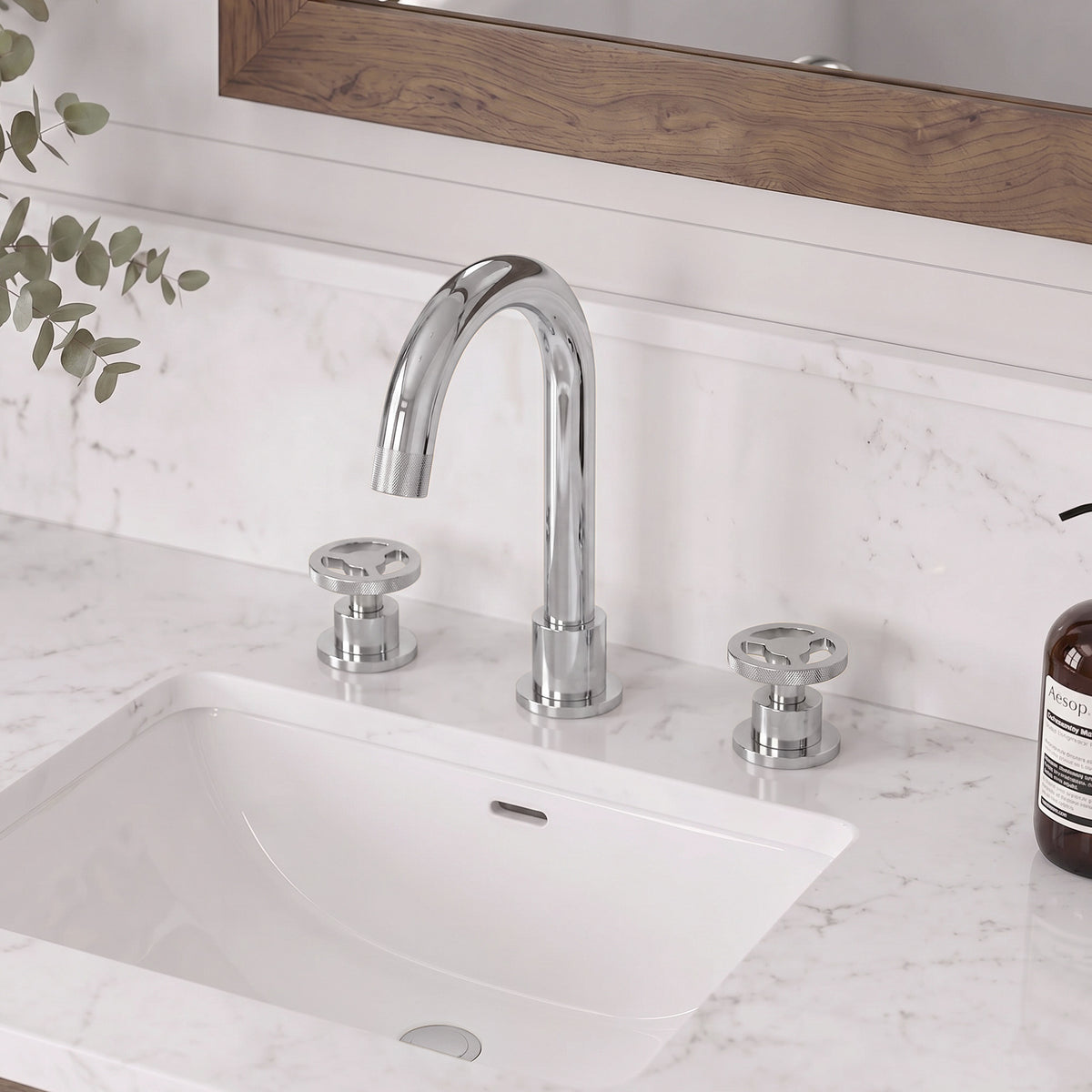 Three-Hole Widespread Bathroom Sink Faucet with Knurled Handles and Swivel Spout