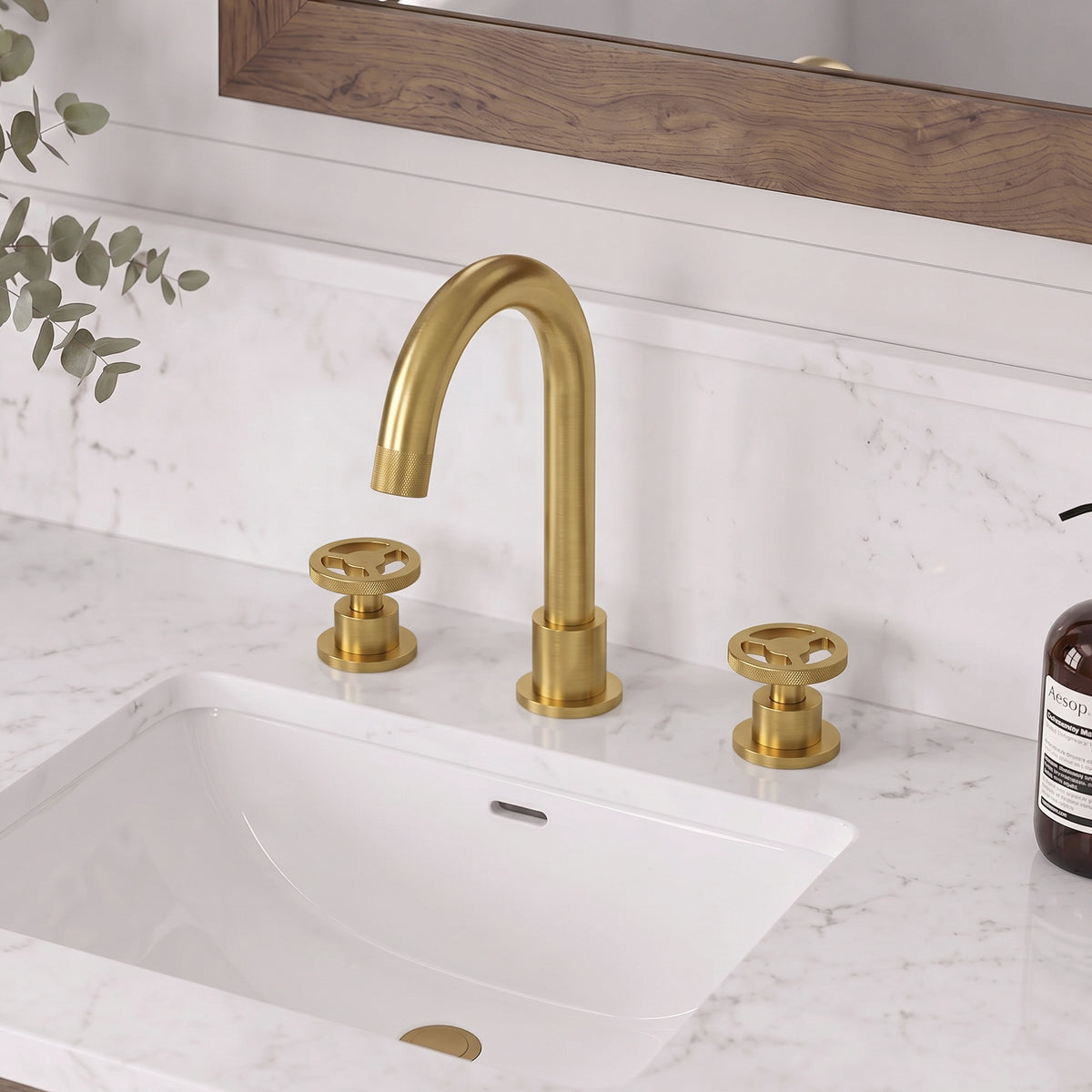 Three-Hole Widespread Bathroom Sink Faucet with Knurled Handles and Swivel Spout