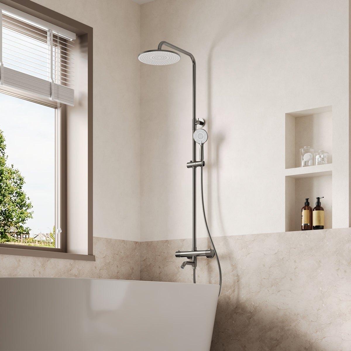 Exposed Thermostatic Tub and Shower System with 10-Inch Rain Shower Head