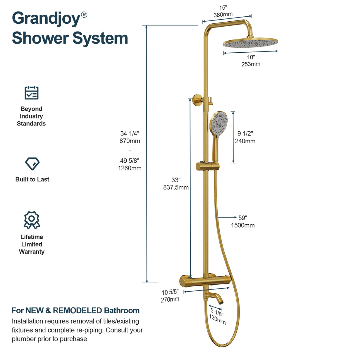 Exposed Thermostatic Tub and Shower System with 10-Inch Rain Shower Head