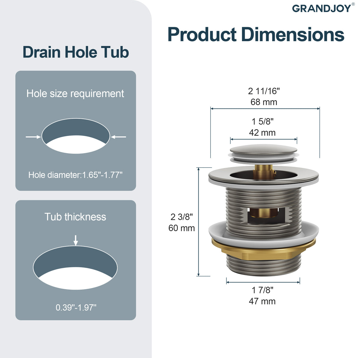 Pop-Up Bathtub Drain with Overflow and Brass Construction