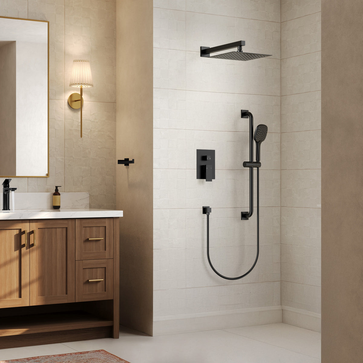 Square Wall-Mounted Shower System with Adjustable Slide Bar