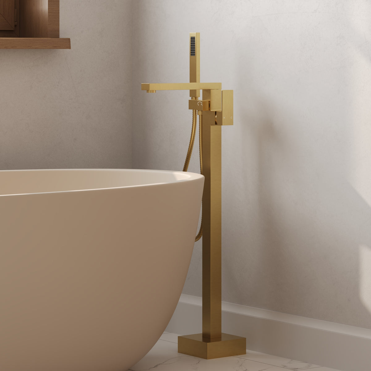 Freestanding Floor-Mounted Bathtub Faucet with Hand Shower and Swivel Spout