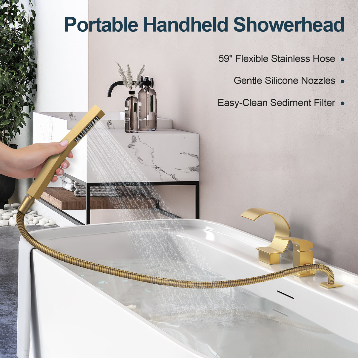 Deck-Mounted Waterfall Bathtub Faucet with Single Handle and Hand Shower