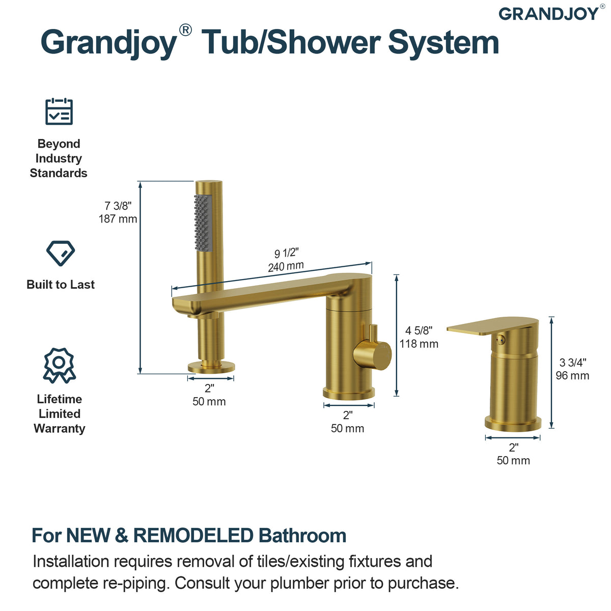 Low-Arc Deck-Mounted Bathtub Faucet with Hand Shower and Swivel Spout