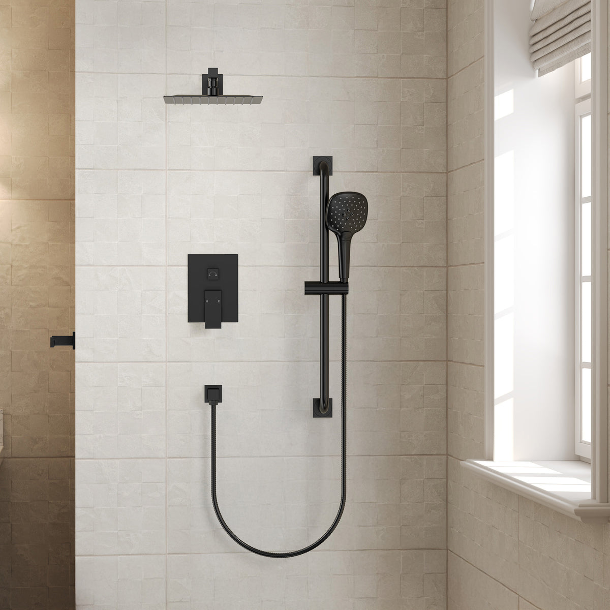 Square Wall-Mounted Shower System with Adjustable Slide Bar