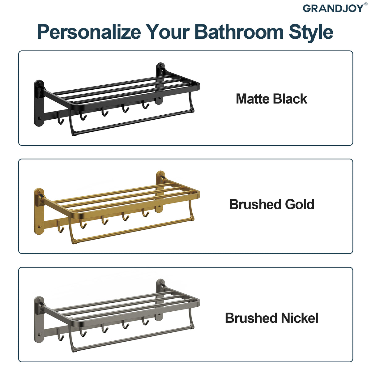 Foldable Wall-Mounted Towel Rack with Shelf and Five Hooks