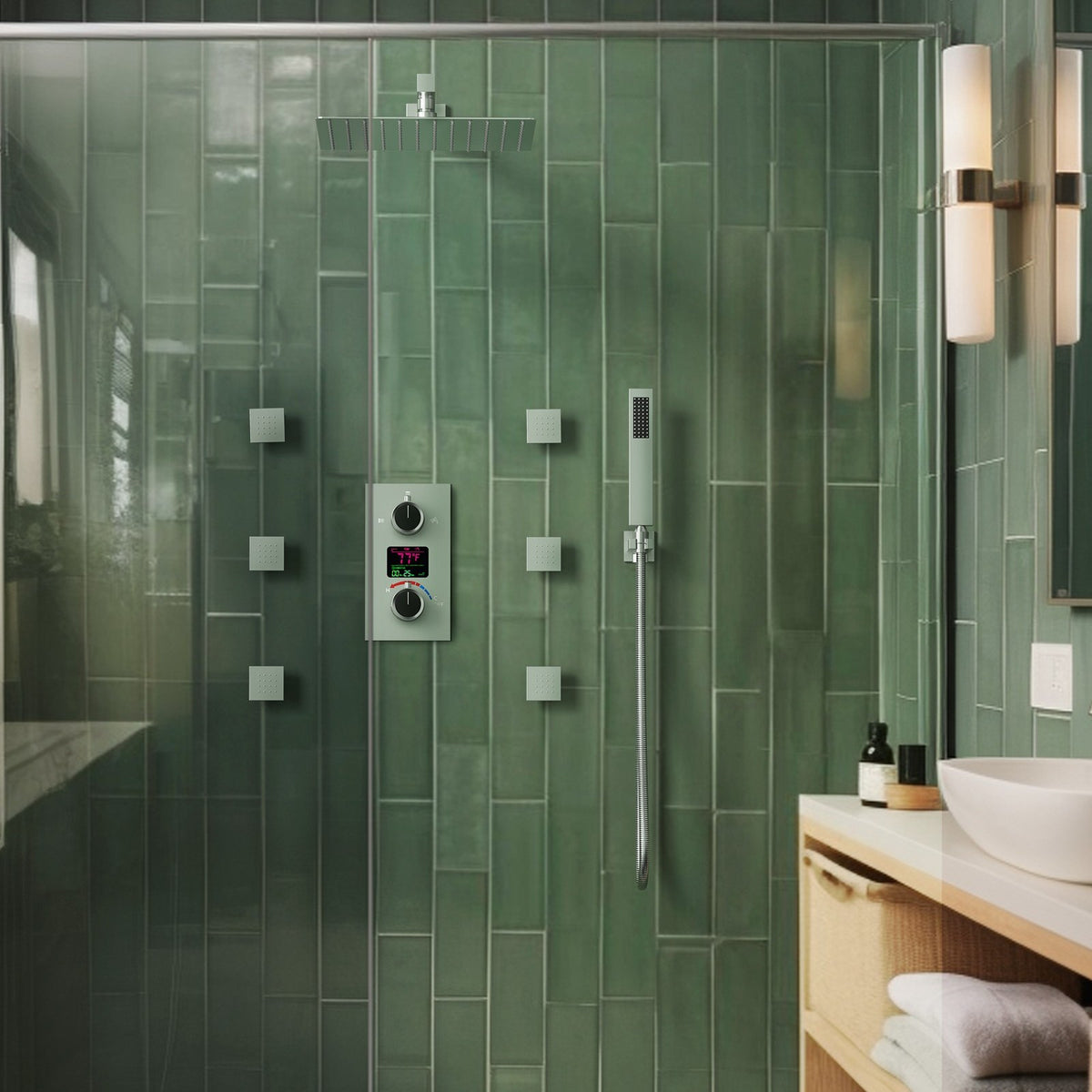 LED Wall-Mounted Shower System with Six Body Jets and Handheld