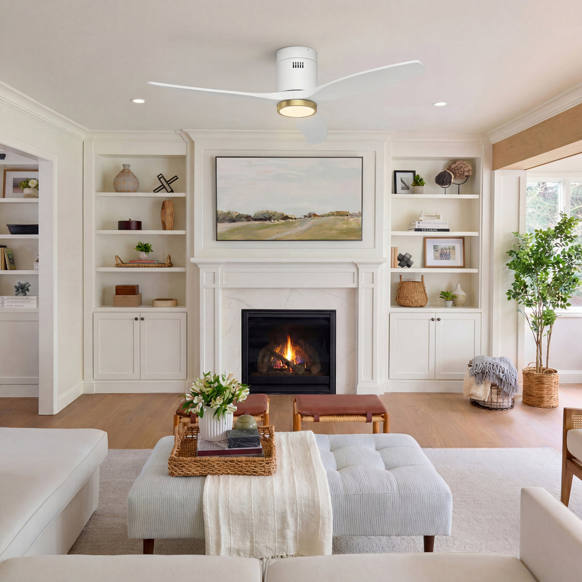52-Inch Flush-Mount 3-Blade Ceiling Fan with Light, Wall Control and Remote