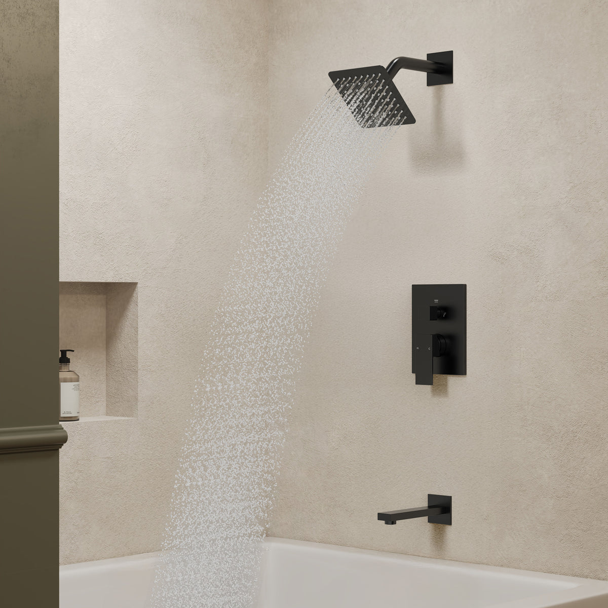 Square Wall-Mounted Shower System with Pressure-Balanced Tub Spout