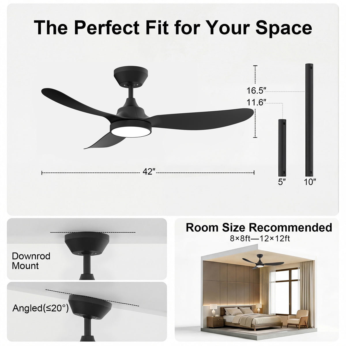 42-Inch Downrod Mount 3-Blade Ceiling Fan with Light and Remote Control
