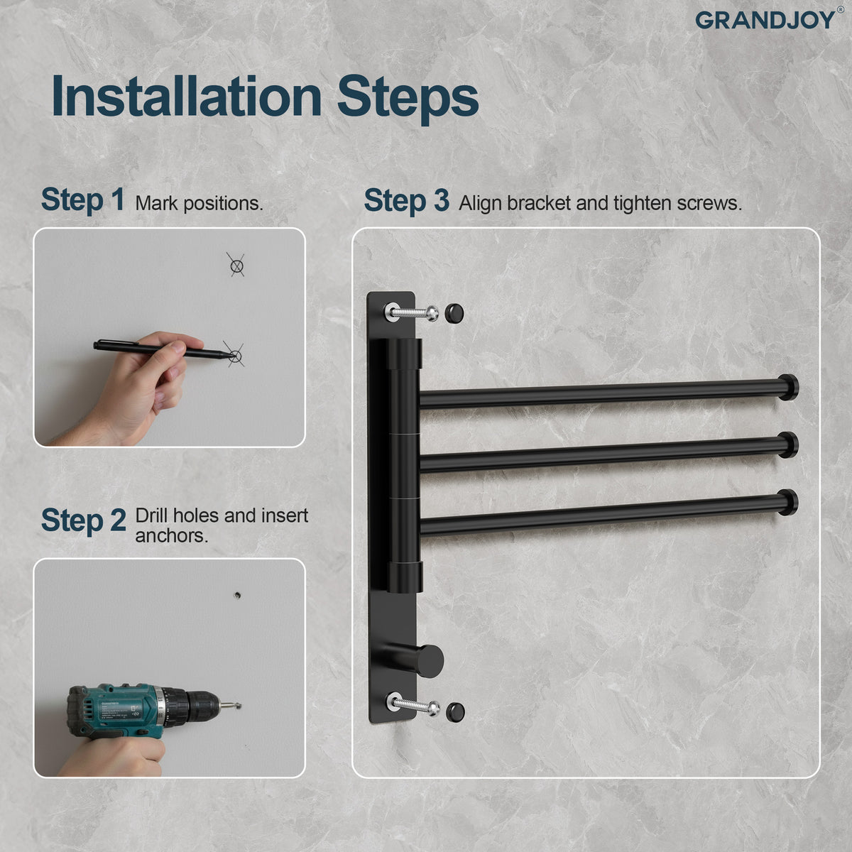 Three-Arm Wall-Mounted Rotating Stainless Steel Towel Rack for Bathrooms