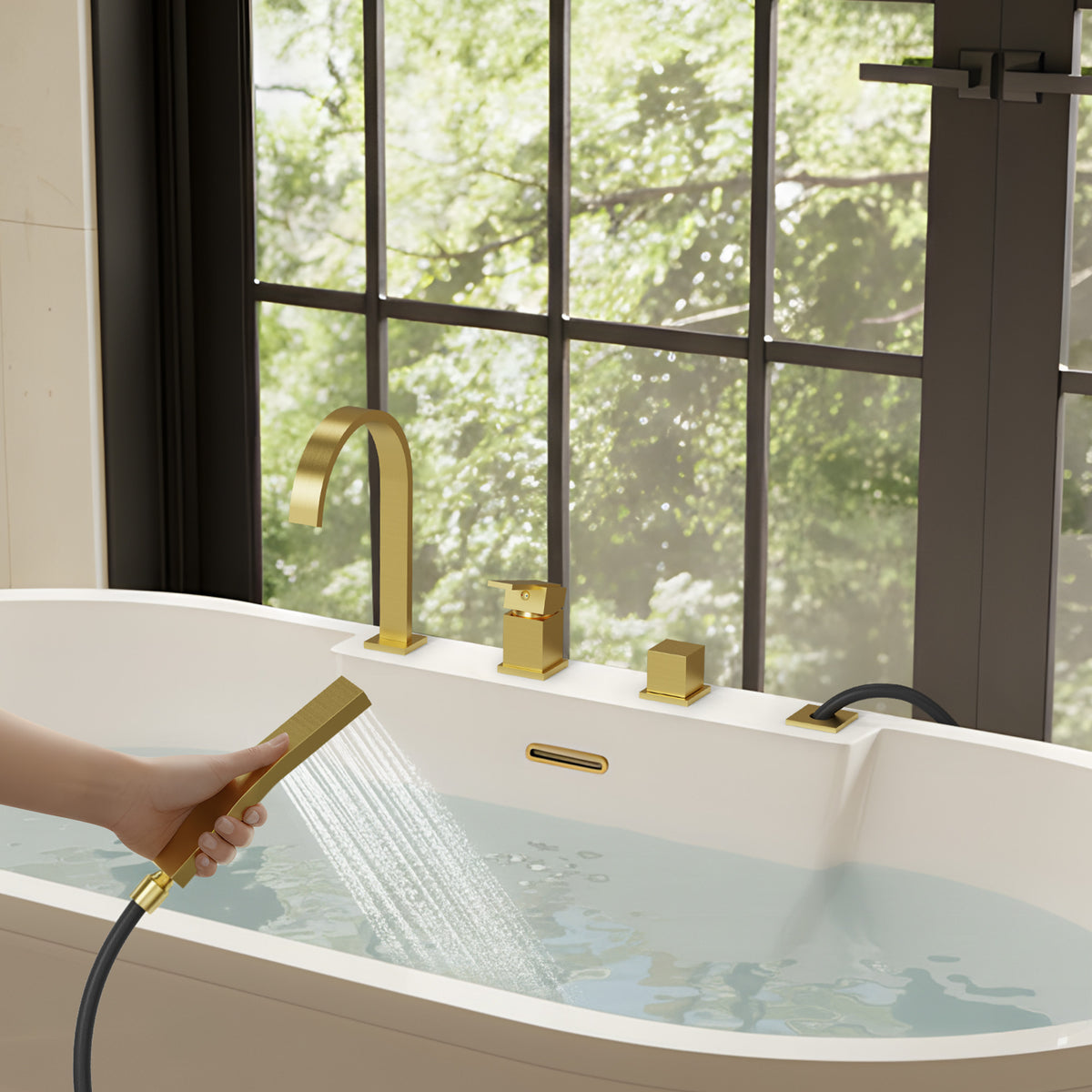 Deck-Mounted Waterfall Bathtub Faucet with Dual Handles and Hand Shower