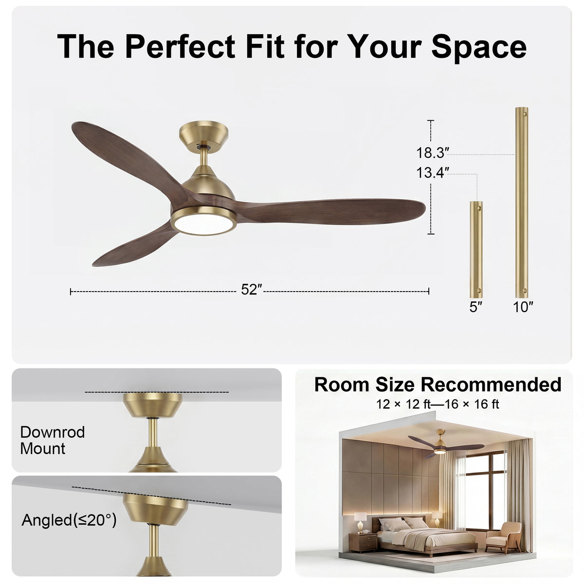 52-Inch Downrod Mount 3-Blade Ceiling Fan with Light and Remote Control