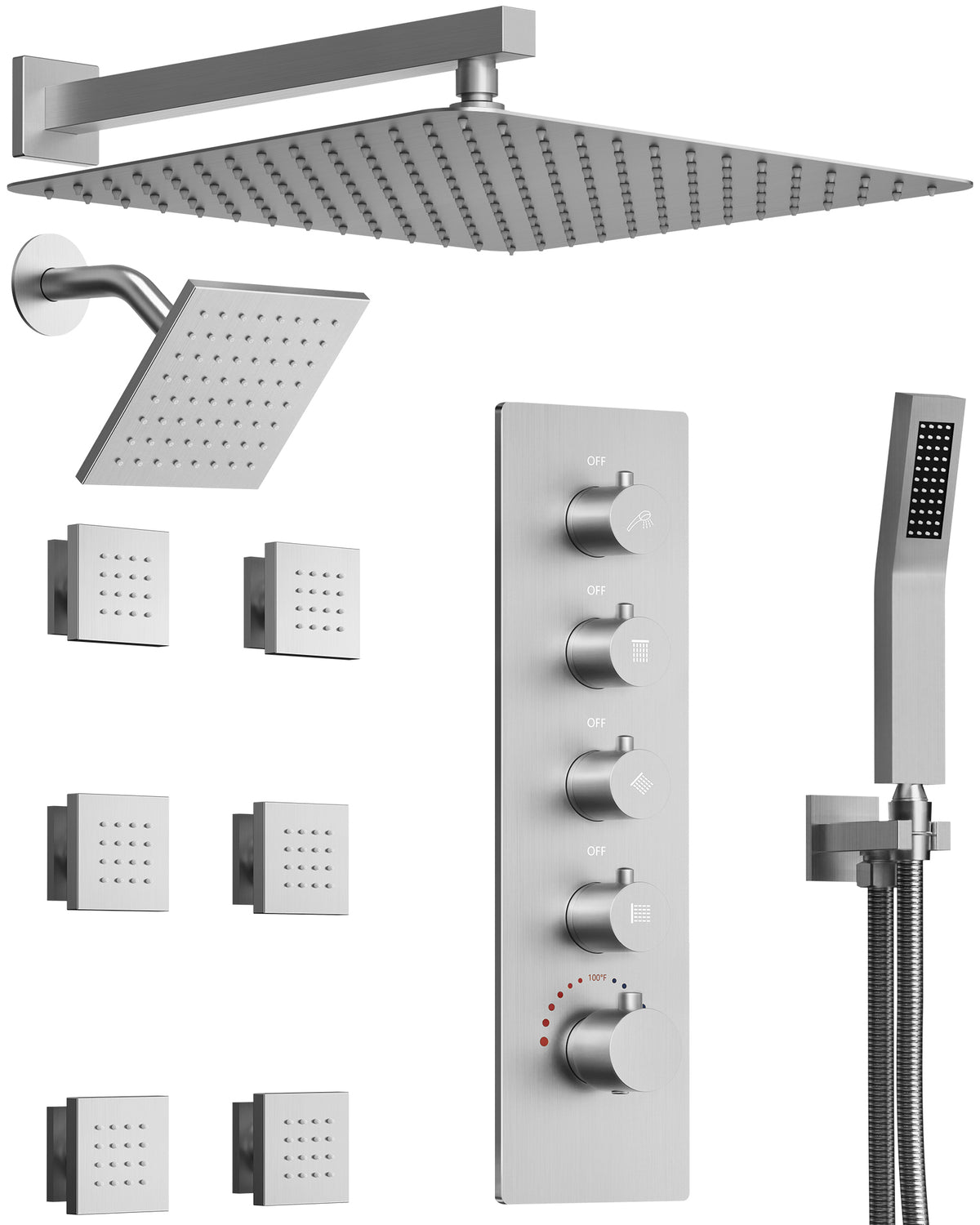 Wall-Mounted Rainfall Shower System with Body Jets and Handheld Spray