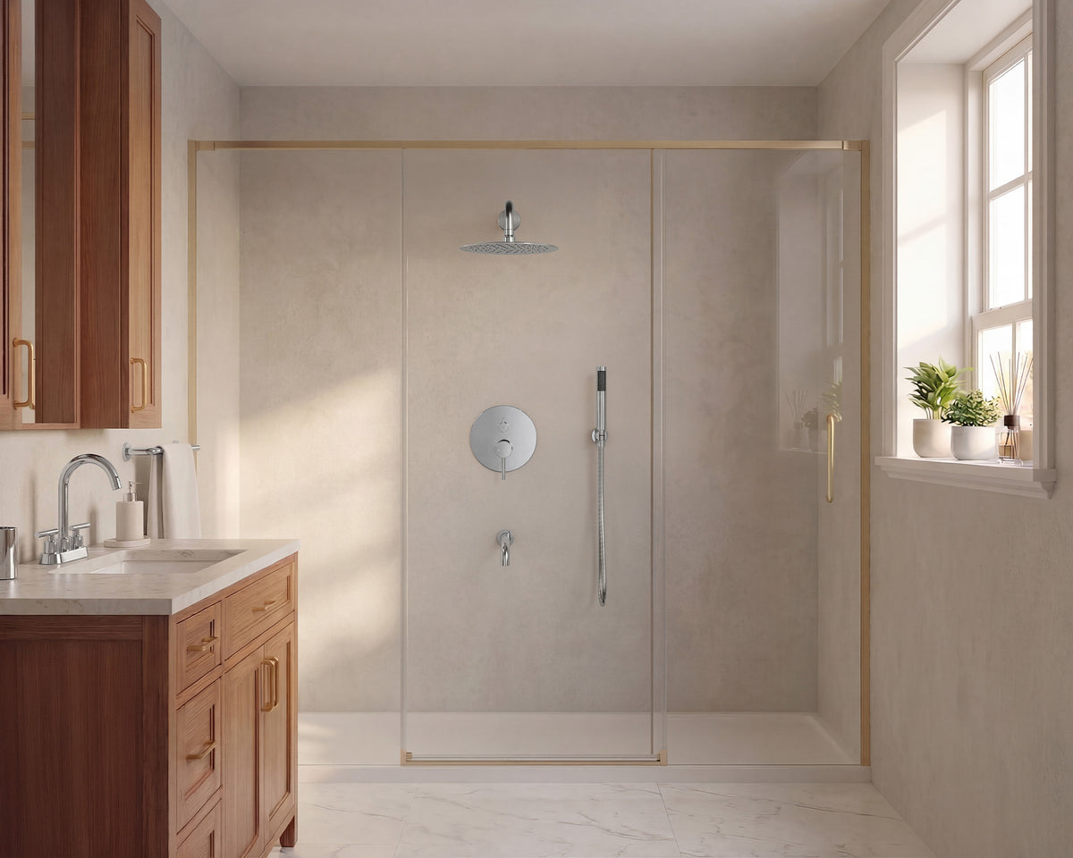 Round Wall-Mounted Rain Shower System with Handheld and Tub Spout