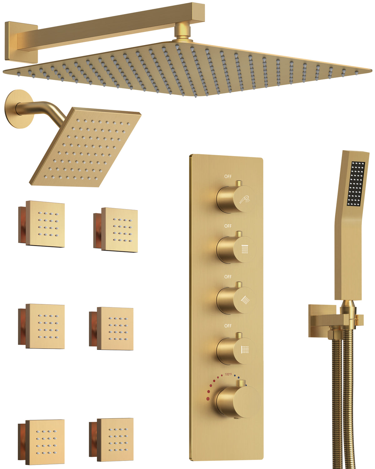 Wall-Mounted Rainfall Shower System with Body Jets and Handheld Spray