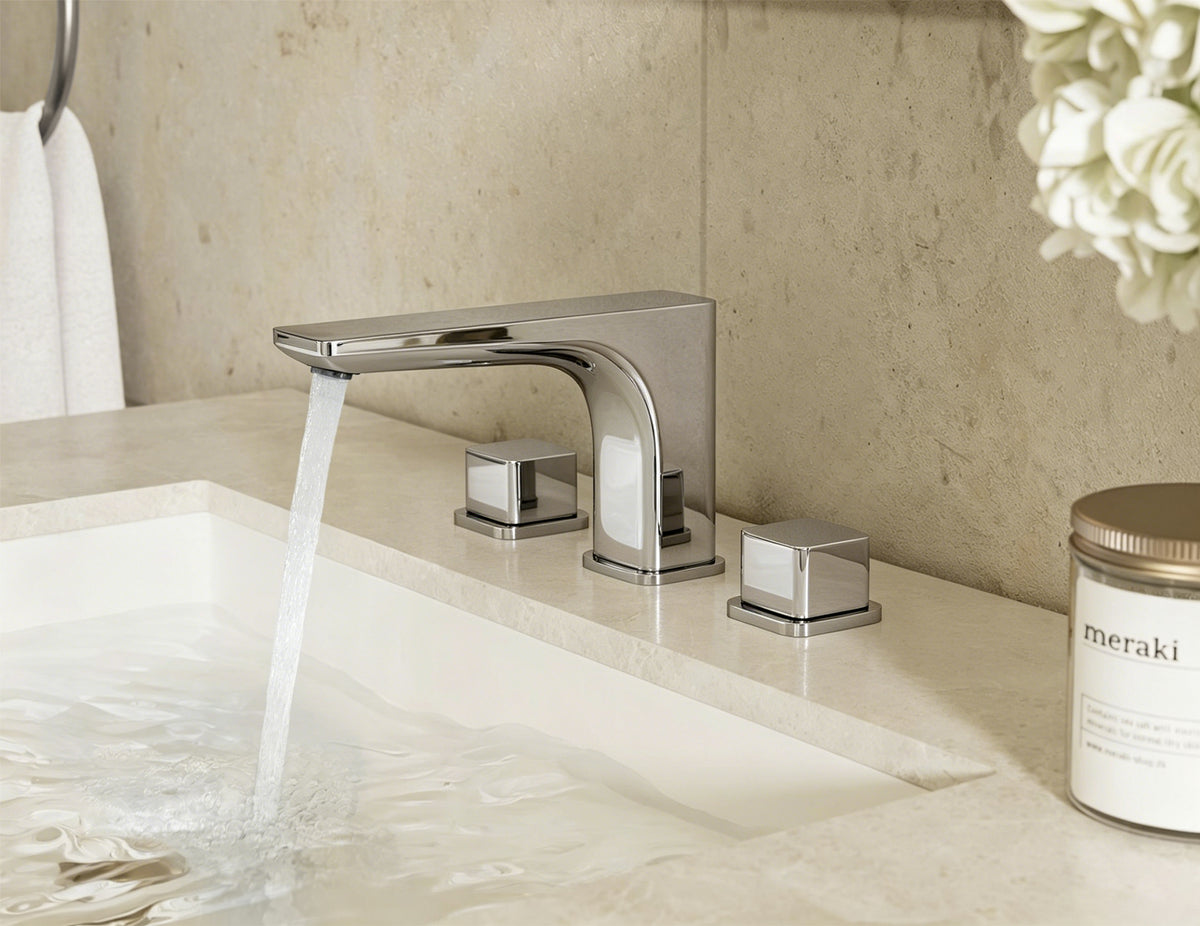 Two-Handle Low Arc Widespread Bathroom Sink Faucet With Pop-Up Drain