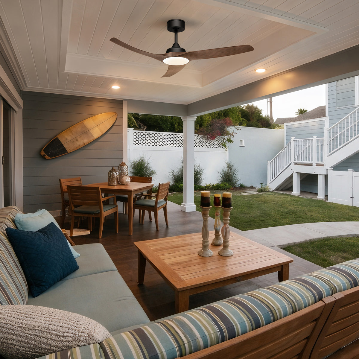 52-Inch Downrod Mount 3-Blade Indoor Outdoor Ceiling Fan with Light and Remote