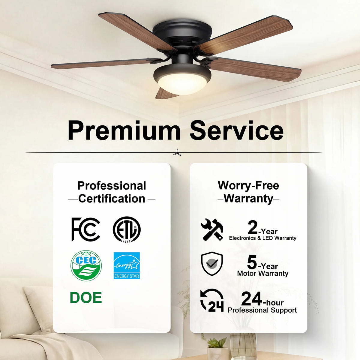 52-Inch Flush Mount 5-Blade Ceiling Fan with Light and Remote Control