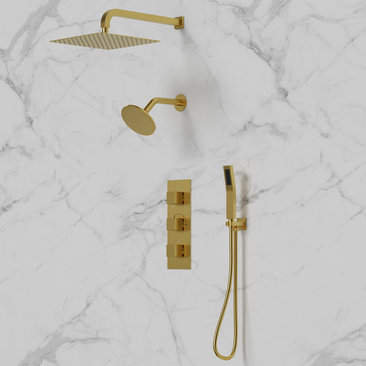 Wall-Mounted Thermostatic Dual Rainfall Shower System with Handheld Spray