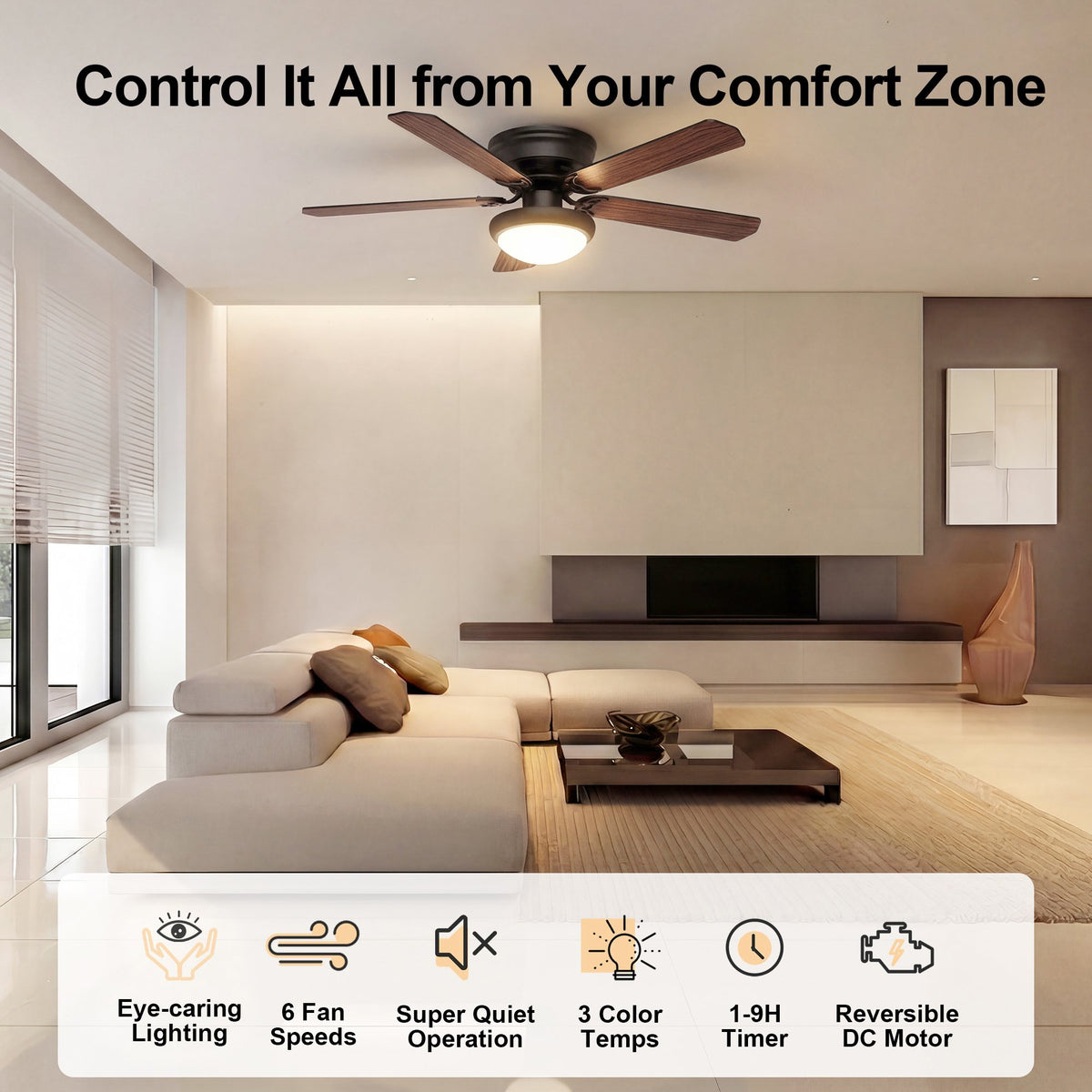 52-Inch Flush Mount 5-Blade Ceiling Fan with Light and Remote Control