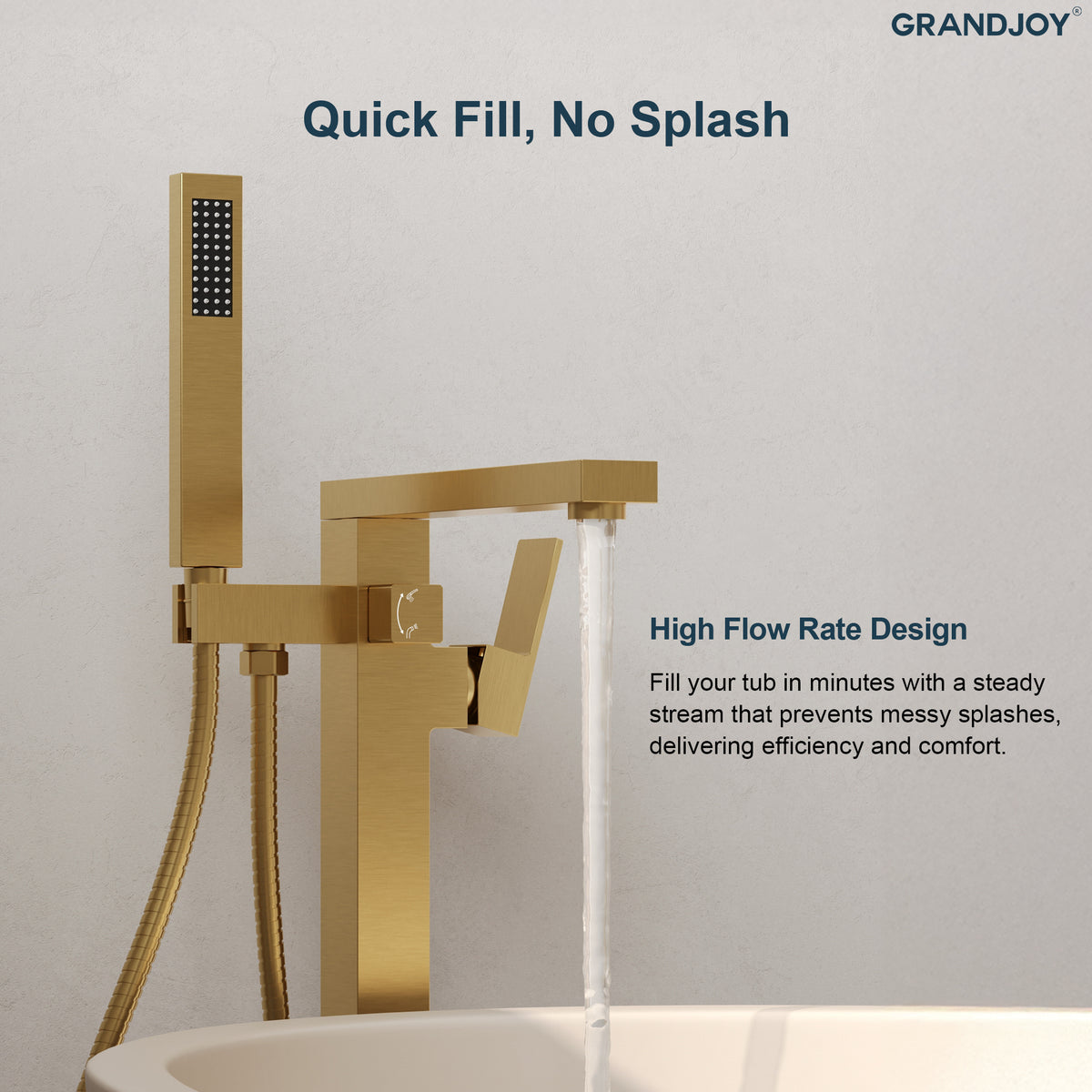 Freestanding Floor-Mounted Bathtub Faucet with Hand Shower and Swivel Spout