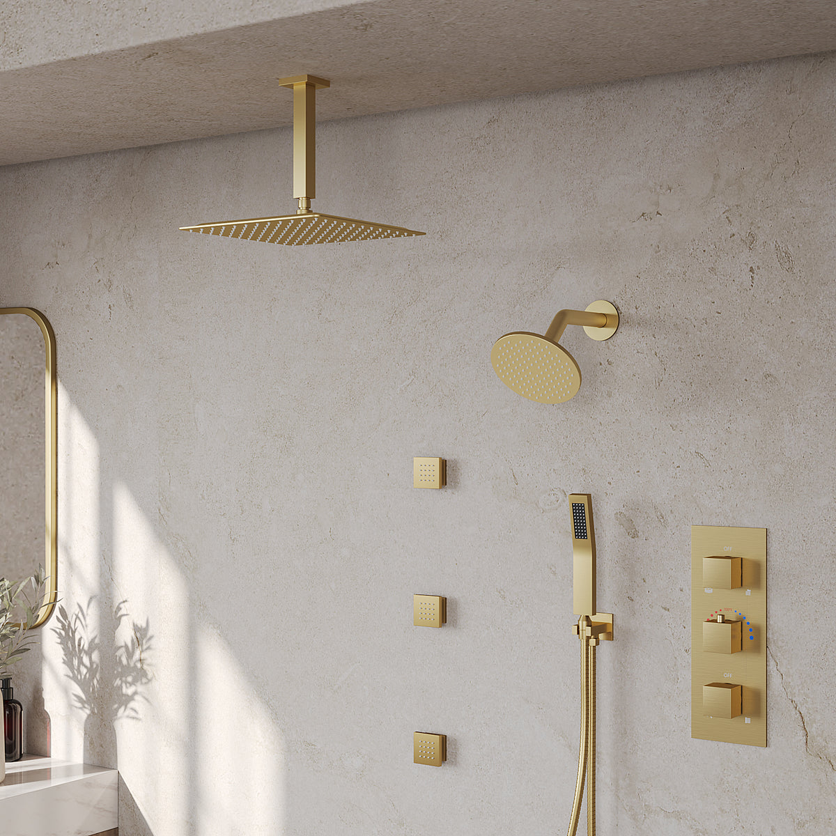 Ceiling-Mounted Multi-Spray Shower System with Adjustable Secondary Head