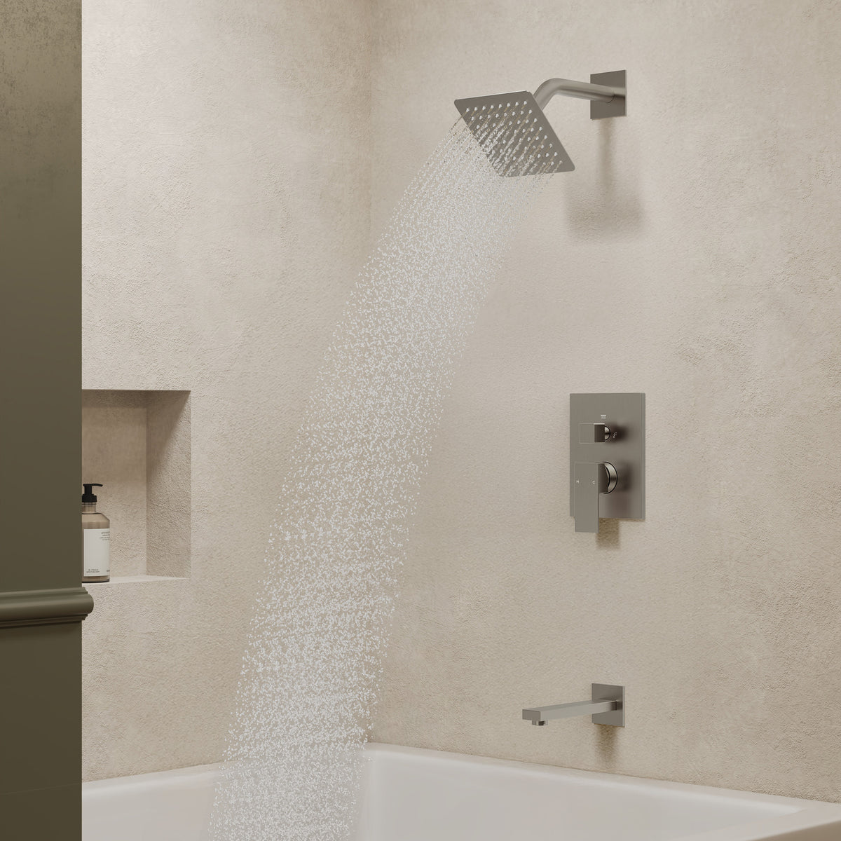 Square Wall-Mounted Shower System with Pressure-Balanced Tub Spout