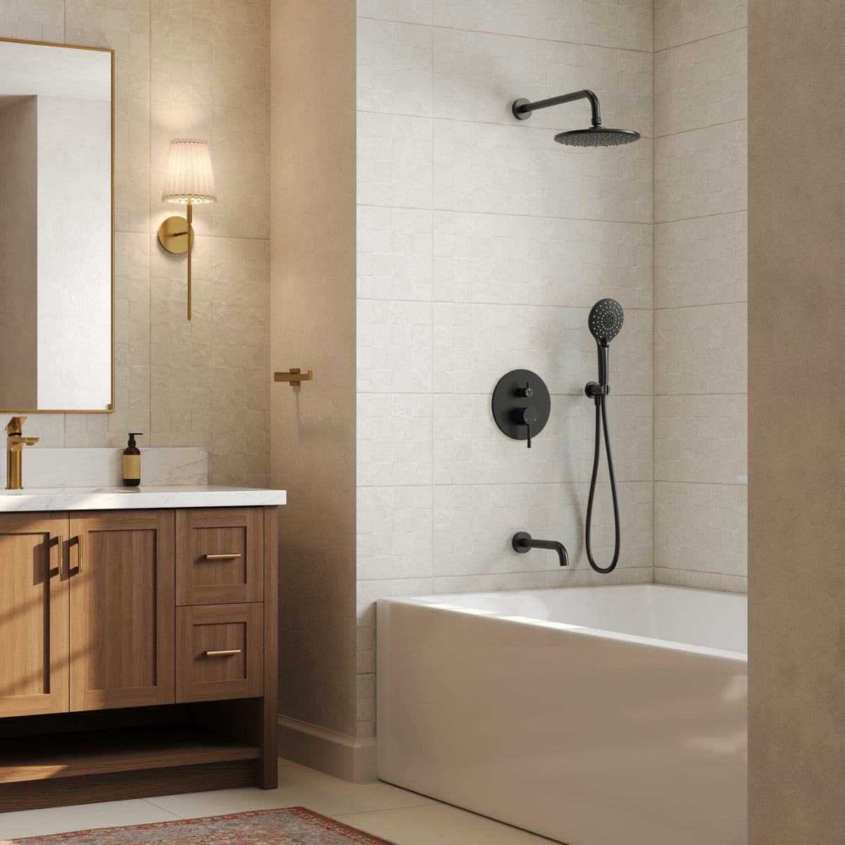 Round Wall-Mounted Shower System with Handheld and Tub Spout