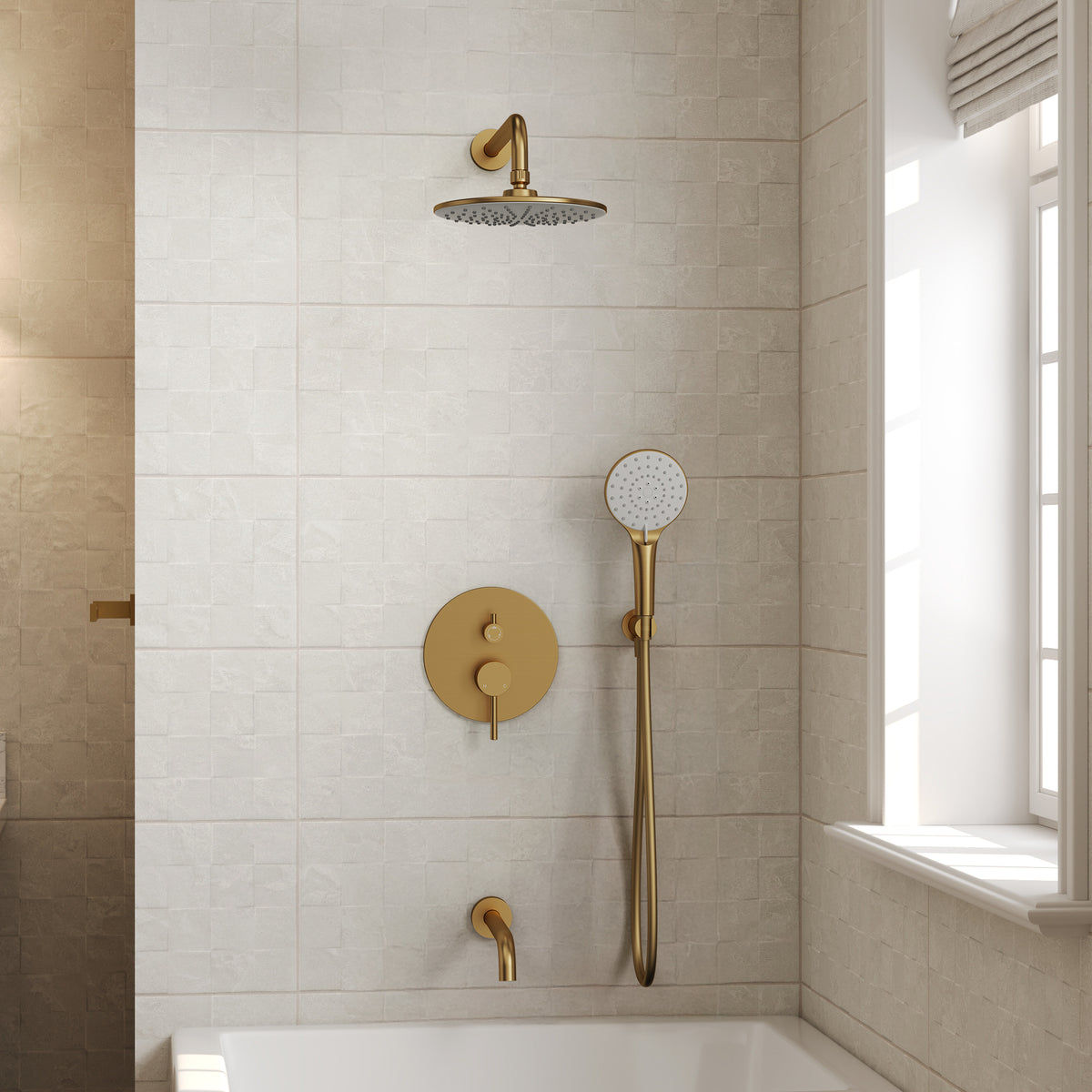 Round Wall-Mounted Shower System with Handheld and Tub Spout