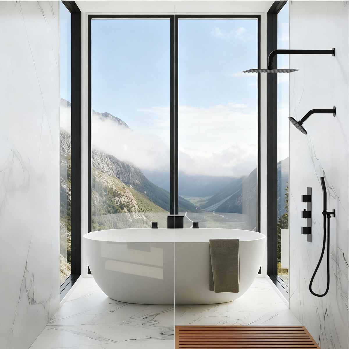 Wall-Mounted Thermostatic Dual Rainfall Shower System with Handheld Spray