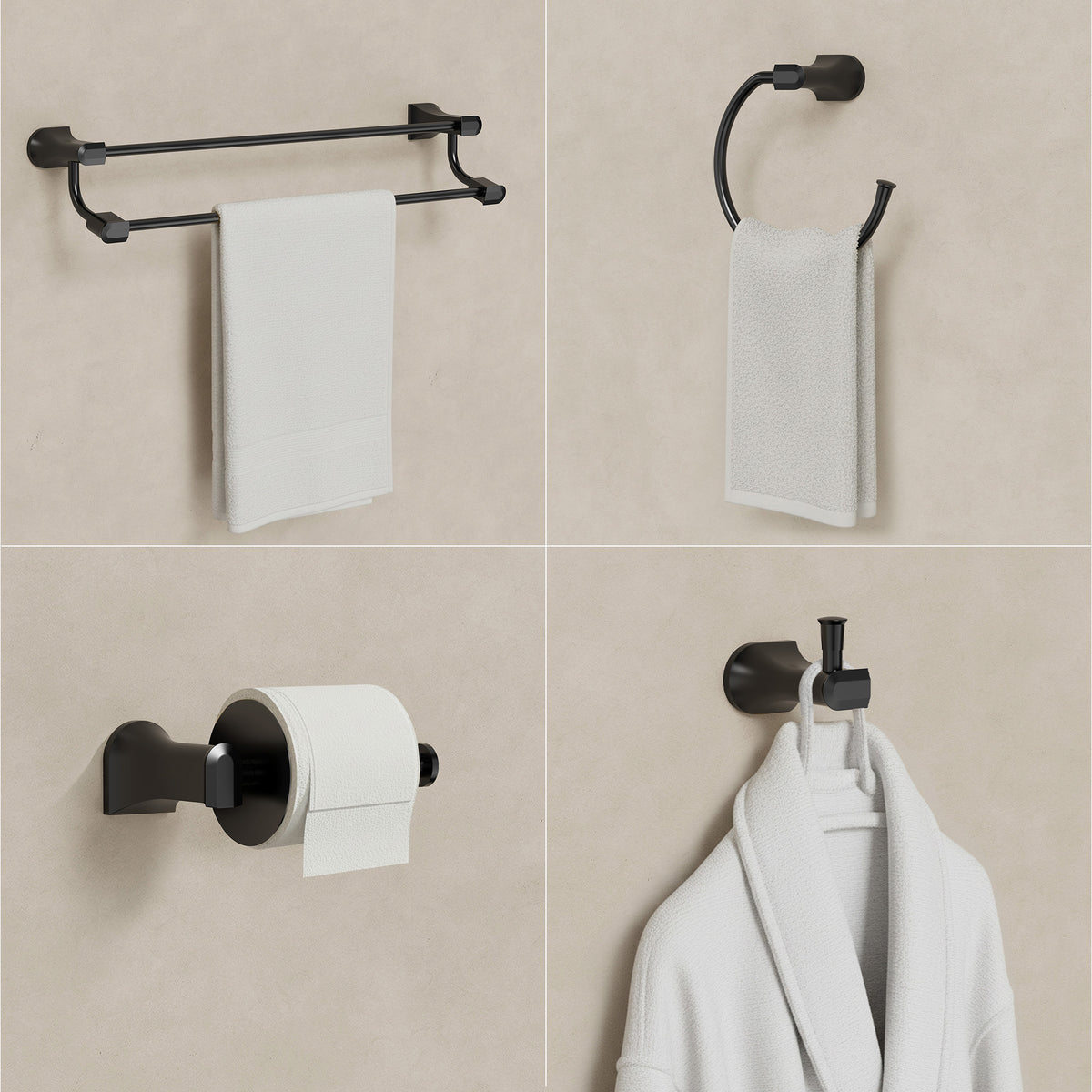 Four-Piece Wall-Mounted Bathroom Hardware Set with Dual Towel Rack