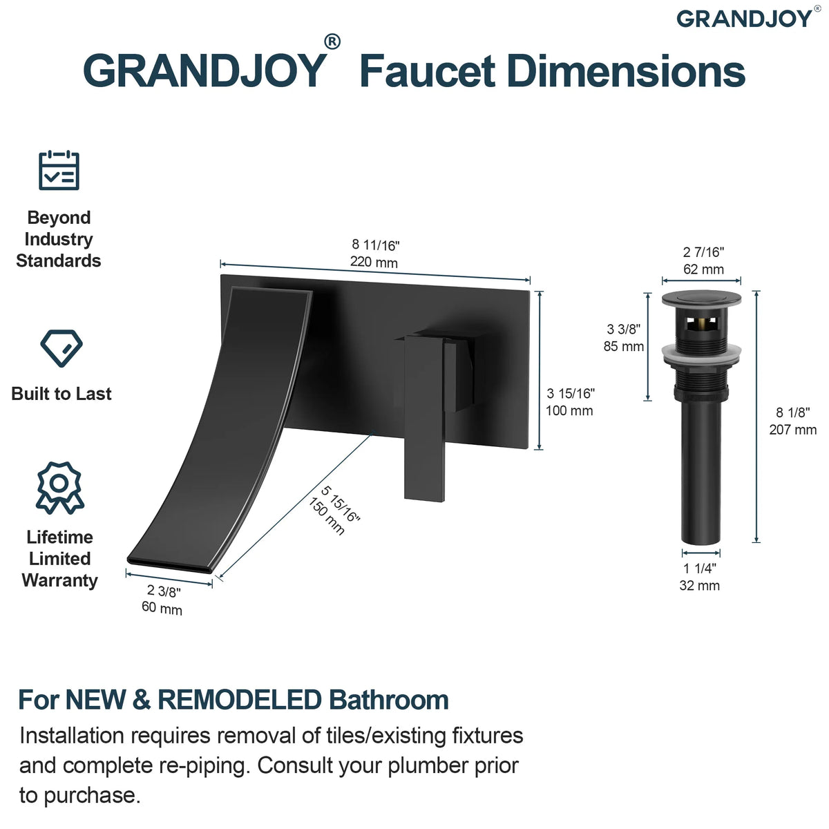 Single-Handle Wall-Mount Bathroom Sink Faucet With Waterfall Spout And Pop-Up Drain