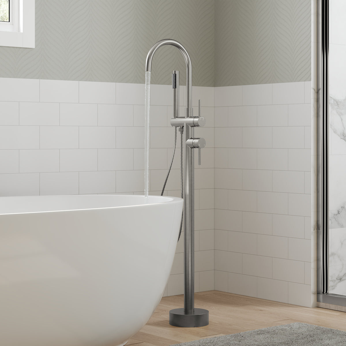 High-Arc Floor-Mounted Freestanding Bathtub Faucet with Hand Shower and Swivel Spout