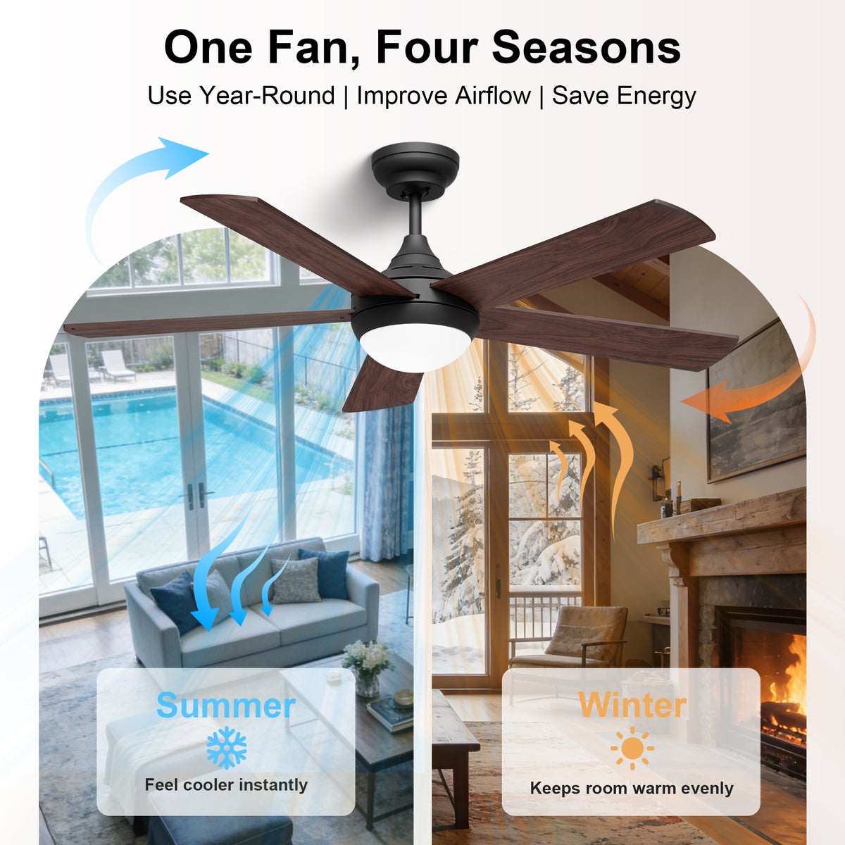 48-Inch Downrod Mount 5-Blade Ceiling Fan with Light and Smart Control