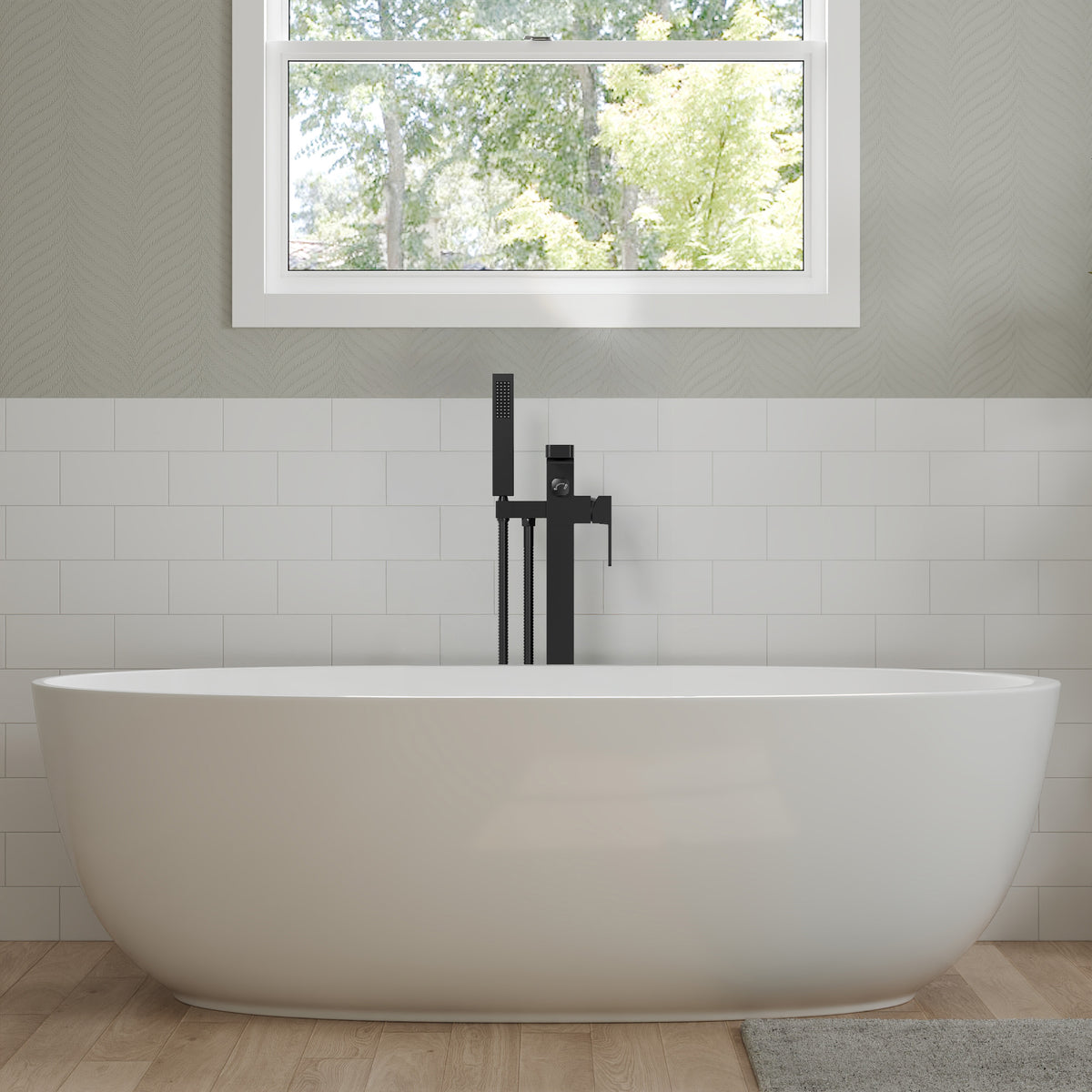 Square Floor-Mounted Bathtub Faucet with Hand Shower and Swivel Spout