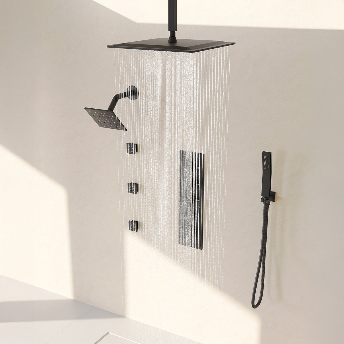 Ceiling-Mounted Multi-Spray Shower System with Secondary Wall Head