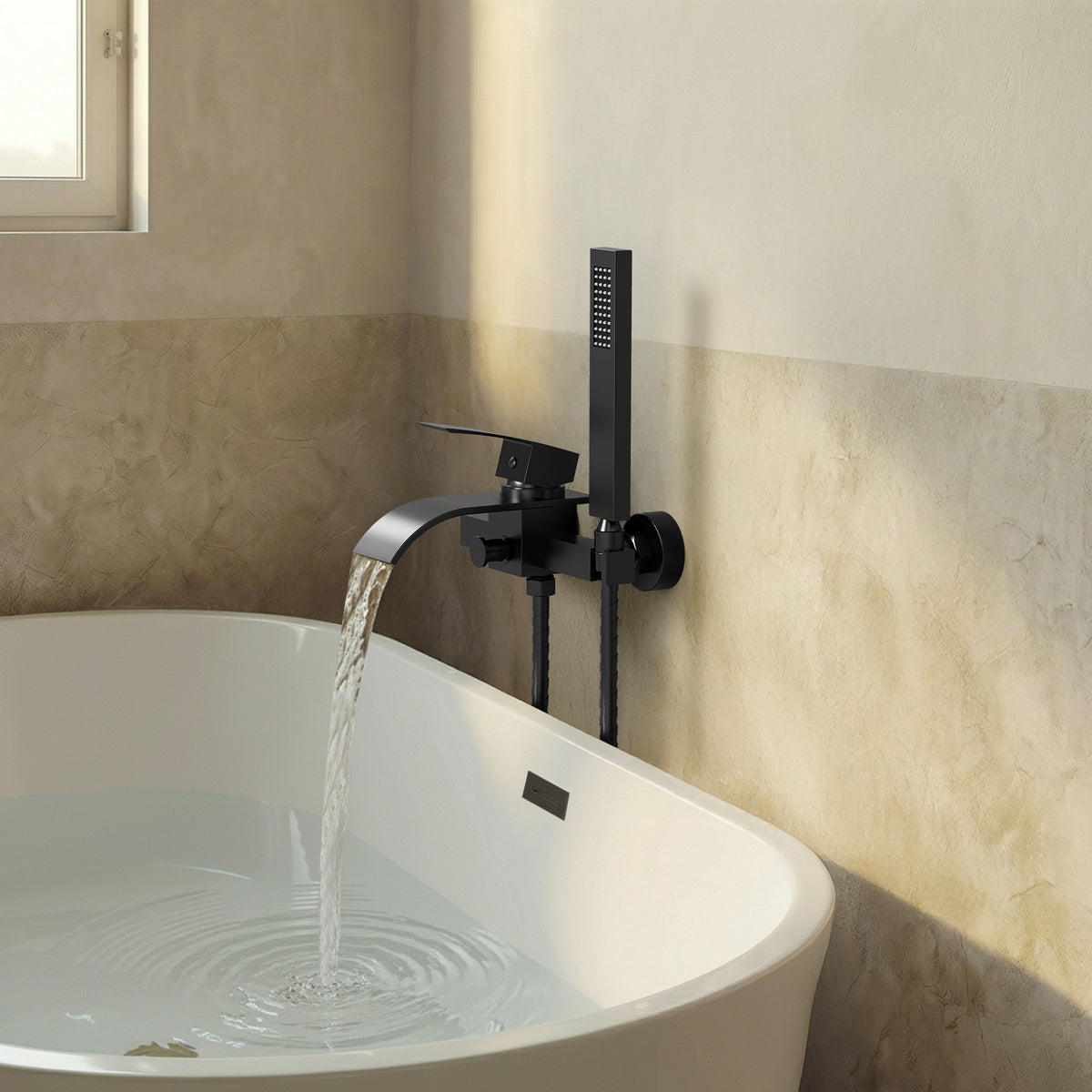 Wall-Mounted Waterfall Bathtub Faucet with Hand Shower and Single Handle