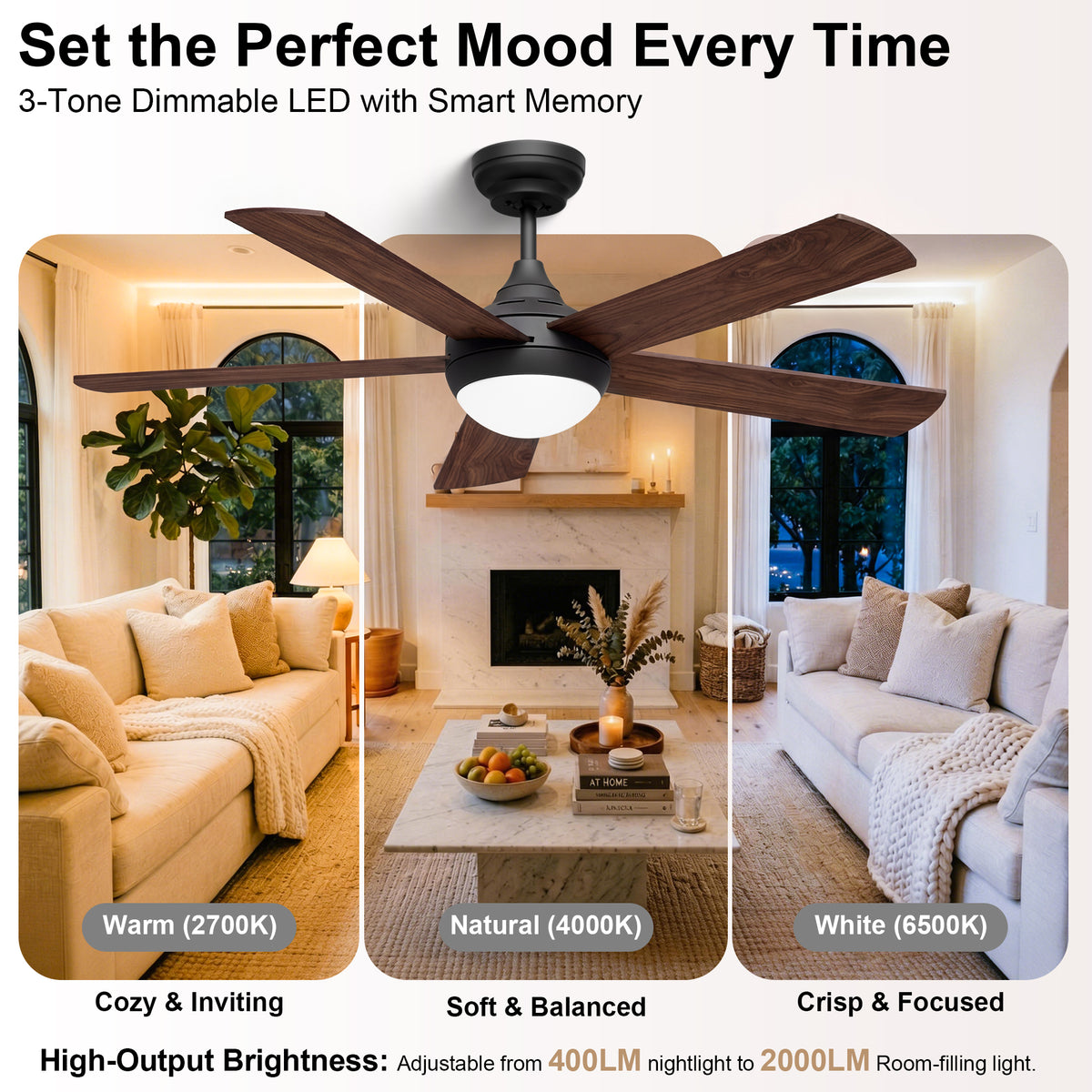 48-Inch Downrod Mount 5-Blade Ceiling Fan with Light and Smart Control