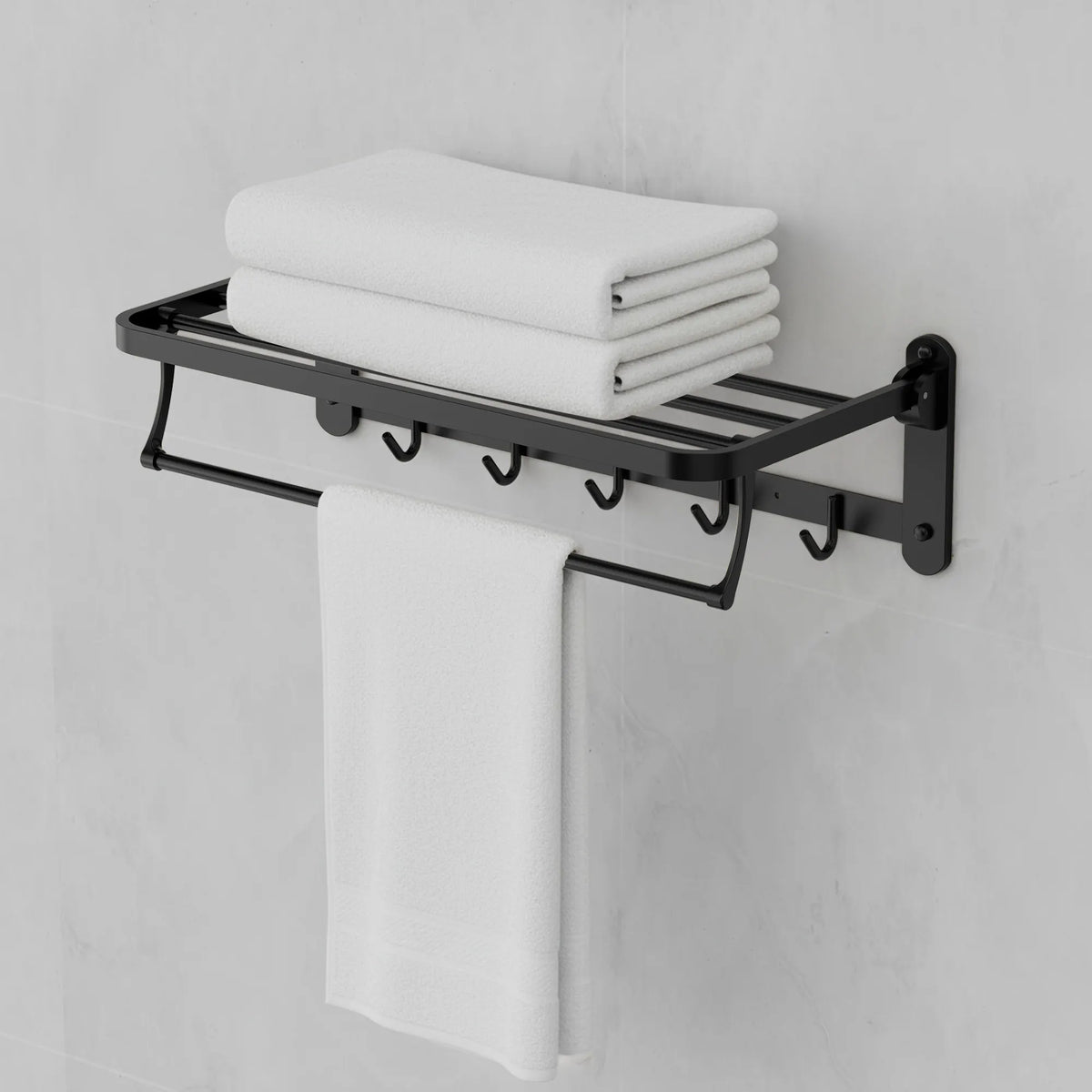 Foldable Wall-Mounted Towel Rack with Shelf and Five Hooks