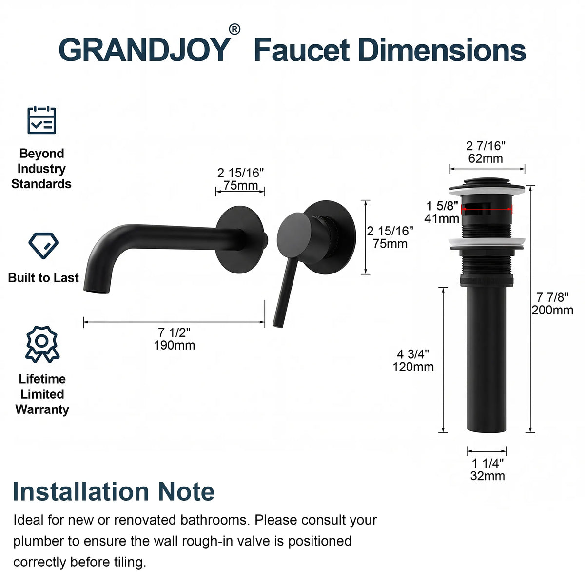 Single-Handle Wall-Mount Bathroom Sink Faucet With Pop-Up Drain